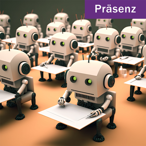 Illustration von Mini-Robotern an Schulbänken